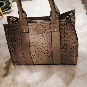 Brown Faux Ostrich Studded Women's Bag 3 In 1